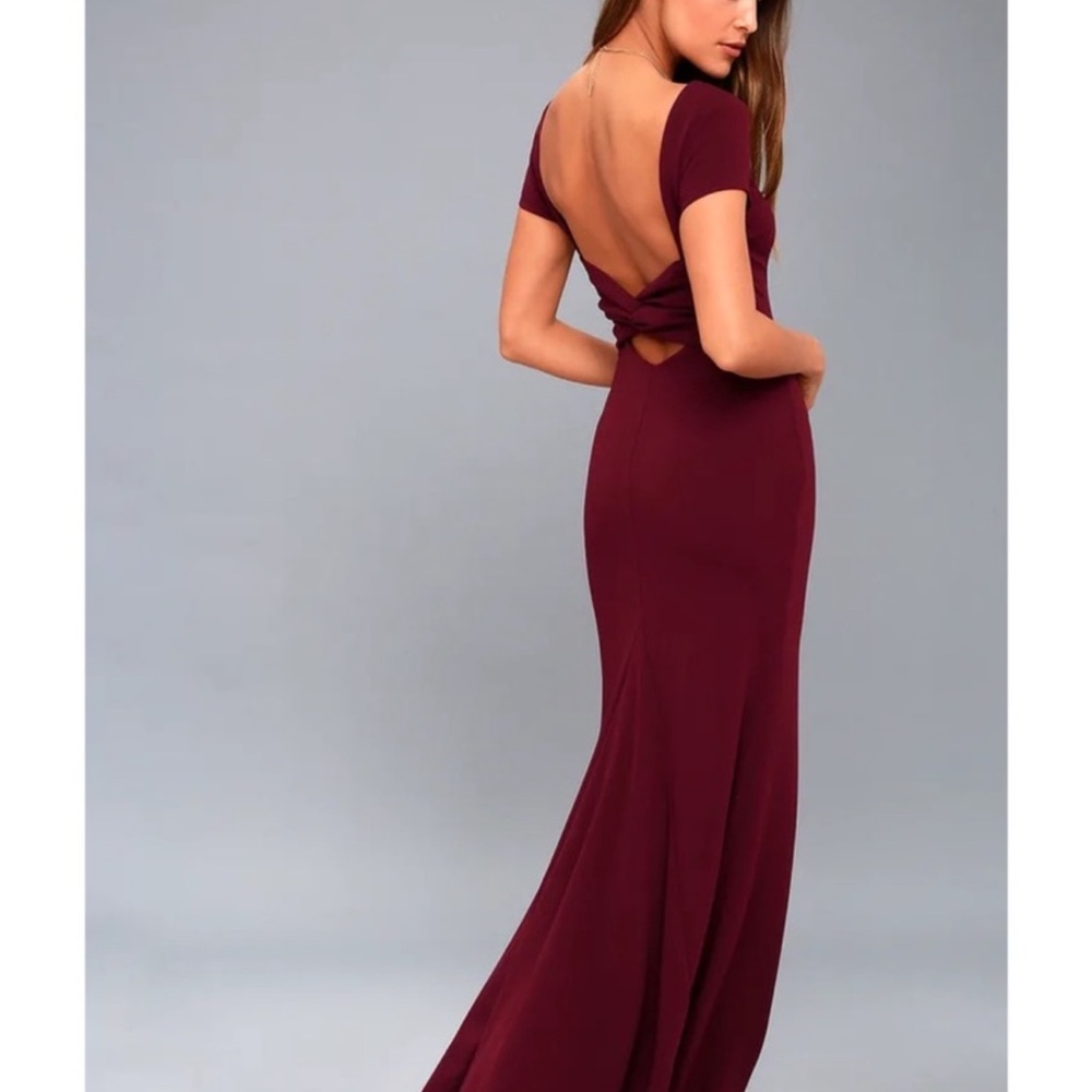 Lulu’s cap sleeved maxi, Elegant Backless Burgundy Evening Gown